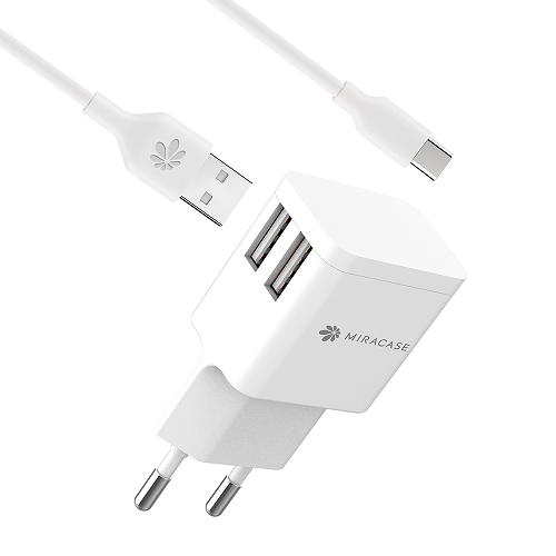 מטען קיר מירהקייס לסמארטפונים לבן טעינה 2 חיבורים עד 18W הגנה מפני מתח יתר כולל כבל Micro 1.2 מטר Miracase MWC244 18W Wall Charger 2 Ports With Charging Includes Micro Cable